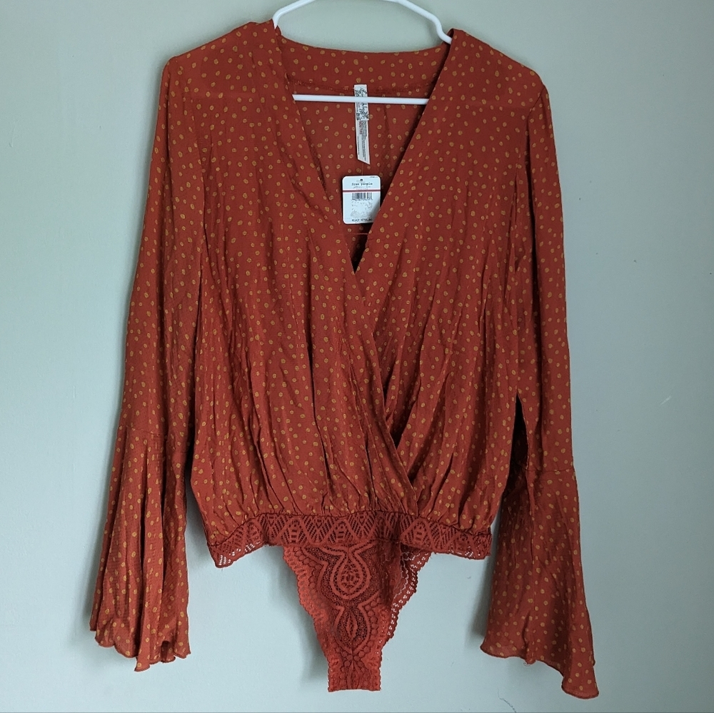 Nwt Free People XS Polka Dot Wrap Long Sleeve Bodysuit